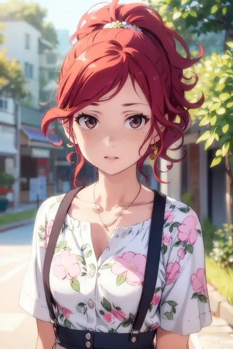 (masterpiece, best quality), 1girl, collarbone, wavy hair, looking at viewer, blurry, upper body, necklace, suspenders, floral print, ponytail, freckles, red hair, sunlight