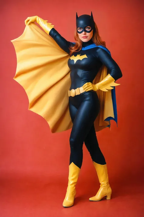 score_9, score_8_up, score_7_up, best quality, masterpiece, realistic, cinematic, photo realistic, highly detailed, depth of field,
<lora:BatgirlDCAU:0.95> barbara gordon, long red hair, mask, bodysuit, gloves, belt, boots, yellow cape, looking at the viewer,
simple red background,
<lora:Breast Slider - Pony_alpha1.0_rank4_noxattn_last: 2>,