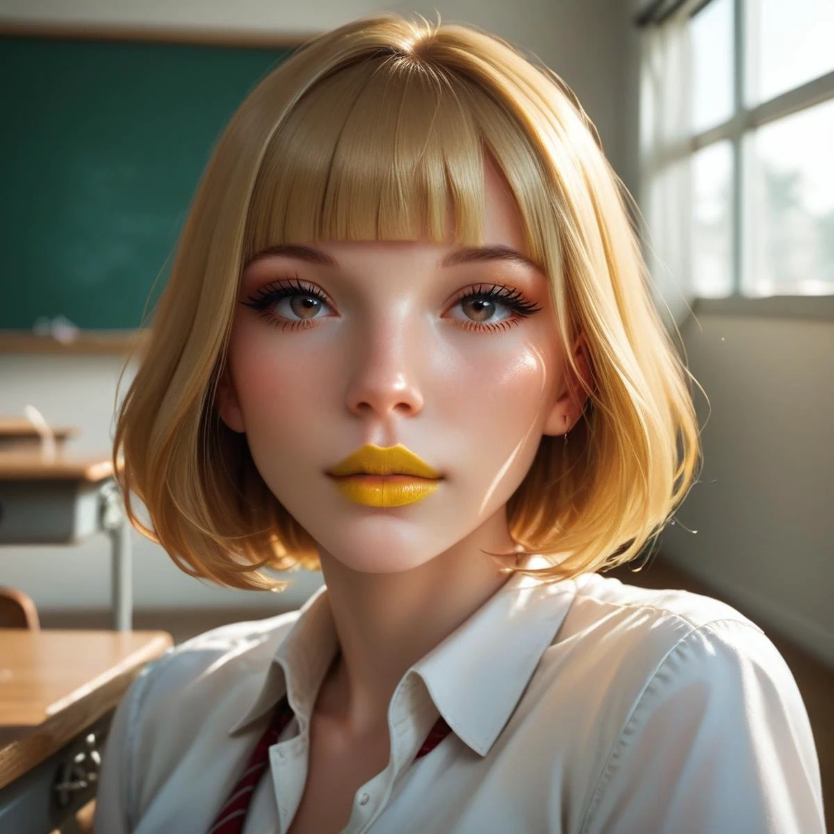 score_9_up, score_8_up, score_7_up, (masterpiece), (best quality), (ultra-detailed), (very aesthetic:1.2), intricate details, perfect composition, absurdres, romantic atmosphere,
<lora:Breast Slider - Pony_alpha1.0_rank4_noxattn_last:1>
<lora:Hana_Midorikawa_v10:1>, Hana_Midorikawa, short hair, blunt bangs, blonde hair, brown eyes, ,eyelashes, yellow lipstick
school uniform,
POS: Full body, dynamic sitting pose,
detailed classroom, desks, blackboard, podium,((Directional lighting)),
<lora:43stl1ght1ngXLP2:0.5>, 43stl1ght1ng, <lora:Expressive_H-000001:0.8>, expressiveh, <lora:d3t41l3dXLP:0.5>, d3t41l3d, <lora:add-detail-xl:1>, zPDXLrl, <lora:Perfect_Eyes:1>, Perfect_Eyes, <lora:TeethXL:1>, TeethXL,