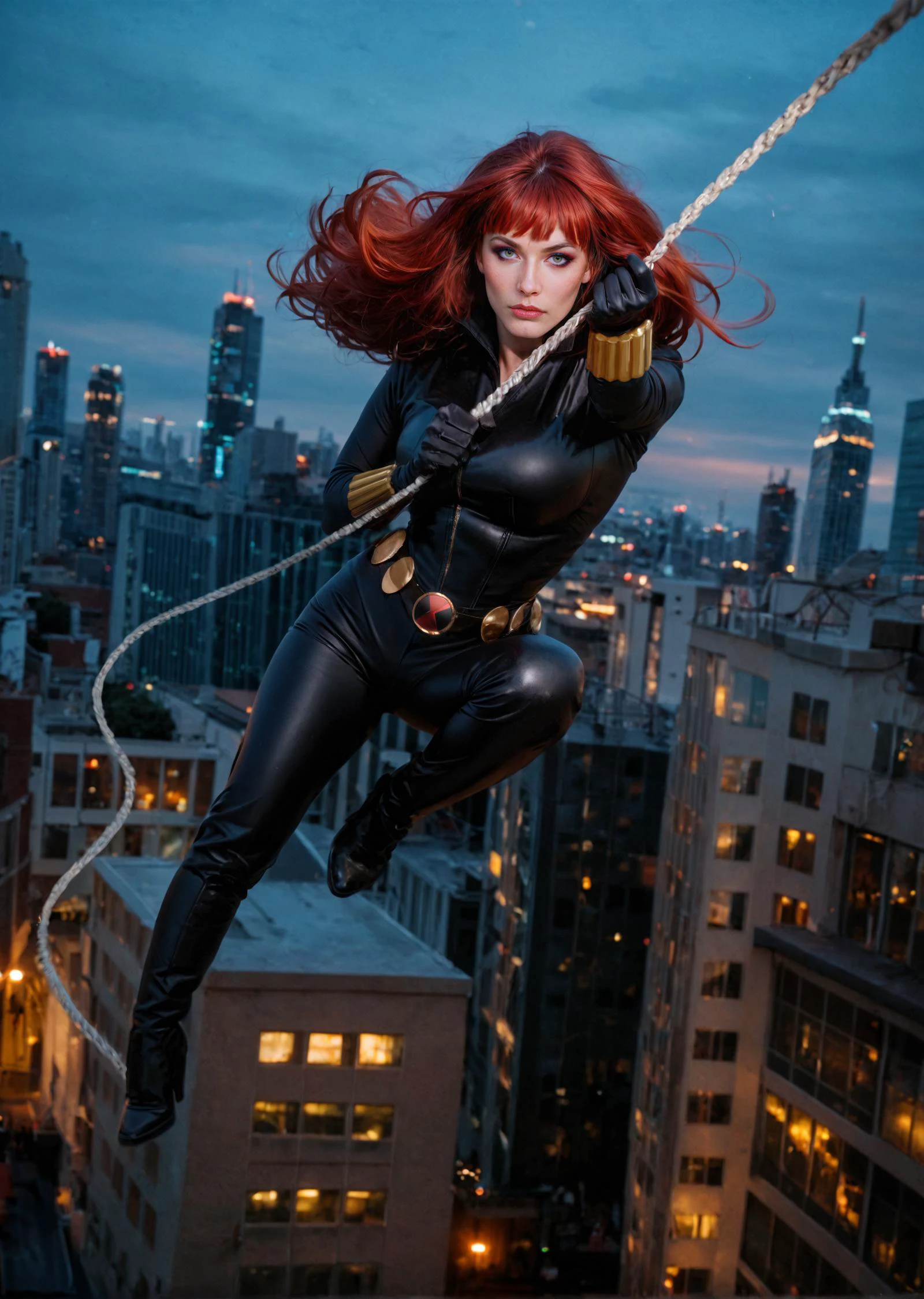 score_9, score_8_up, score_7_up, best quality, masterpiece, realistic, cinematic, photo realistic, highly detailed, depth of field, motion blur,
<lora:Black_Widow: 0.5> natasha romanoff, ((solo)),red hair, long hair, Windblown hair, bangs, green eyes, ((thin waist: 1.5)), medium breasts, shiny leather bodysuit, belt, black gloves,
cowboy shot, dutch angle, swinging on a ((silver cable)) over city buildings, looking straight ahead,
cinematic lighting, at night, over the city, cityscape,
<lora:Breast Slider - Pony_alpha1.0_rank4_noxattn_last:1.5>,