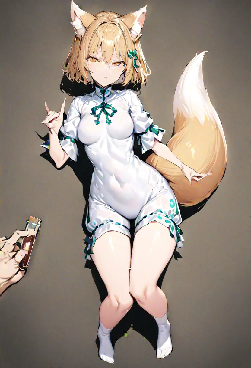 masterpiece, best quality, ultra-detailed, beautiful, nai3, 1boy, solo, full_body, tachi-e,
kudamaki_tsukasa, solo, 1girl, solo_focus, fox_ears, fox_tail, hair_between_eyes, white_romper, green_ribbon, white_socks, fox_girl, brown_eyes, short_blonde_hair, fox_ears_and_tail, romper, green_ribbons, fox_shadow_puppet, corked_test_tube, blonde_hair, short_hair, yellow_eyes, ribbon, mandarin_collar, short_sleeves, test_tube,