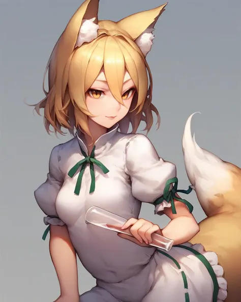 score_9, score_8_up, score_7_up, score_6_up, score_5_up, score_4_up, masterpiece, best quality, 1girl, solo, , <lora:kudamaki_tsukasa_image1939_2023-12-20:1>, (kudamaki tsukasa), fox girl, fox ears, blonde hair, short hair, yellow eyes, swept bangs, hair between eyes, white romper, short sleeves, only 1 fox tail, small breasts, holding test tube, kitsune, (green ribbon:0.9), Touhou, <lora:more_details:0.2>
