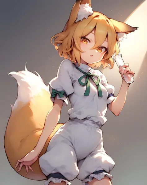score_9, score_8_up, score_7_up, score_6_up, score_5_up, score_4_up, masterpiece, best quality, 1girl, solo, , <lora:kudamaki_tsukasa_image1939_2023-12-20:1>, (kudamaki tsukasa), (in cave:1.1), fox girl, fox ears, blonde hair, short hair, yellow eyes, swept bangs, hair between eyes, white romper, short sleeves, only 1 fox tail, small breasts, holding test tube, kitsune, (green ribbon:0.9), Touhou, <lora:more_details:0.2>