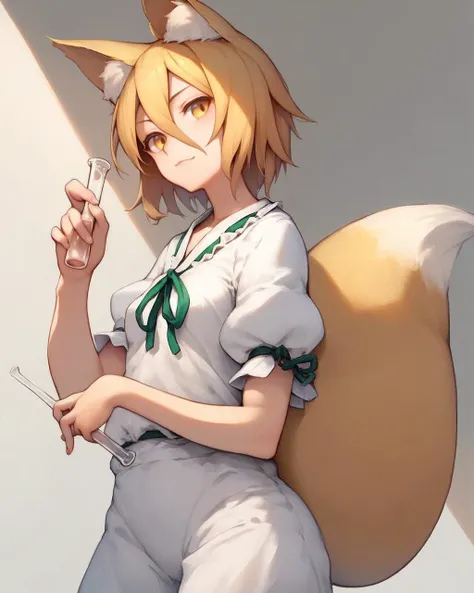 score_9, score_8_up, score_7_up, score_6_up, score_5_up, score_4_up, masterpiece, best quality, 1girl, solo, , <lora:kudamaki_tsukasa_image1939_2023-12-20:1>, (kudamaki tsukasa), fox girl, fox ears, blonde hair, short hair, yellow eyes, swept bangs, hair between eyes, white romper, short sleeves, only 1 fox tail, small breasts, holding test tube, kitsune, (green ribbon:0.9), Touhou, <lora:more_details:0.2>