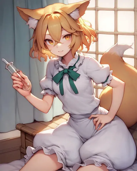 score_9, score_8_up, score_7_up, score_6_up, score_5_up, score_4_up, masterpiece, best quality, 1girl, solo, , <lora:kudamaki_tsukasa_image1939_2023-12-20:1>, (kudamaki tsukasa), fox girl, fox ears, blonde hair, short hair, yellow eyes, swept bangs, hair between eyes, white romper, short sleeves, only 1 fox tail, small breasts, holding test tube, kitsune, (green ribbon:0.9), Touhou, <lora:more_details:0.2>