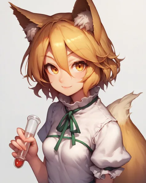 score_9, score_8_up, score_7_up, score_6_up, score_5_up, score_4_up, masterpiece, best quality, 1girl, solo, , <lora:kudamaki_tsukasa_image1939_2023-12-20:1>, (kudamaki tsukasa), fox girl, fox ears, blonde hair, short hair, yellow eyes, swept bangs, hair between eyes, white romper, short sleeves, only 1 fox tail, small breasts, holding test tube, kitsune, (green ribbon:0.9), Touhou, <lora:more_details:0.2>