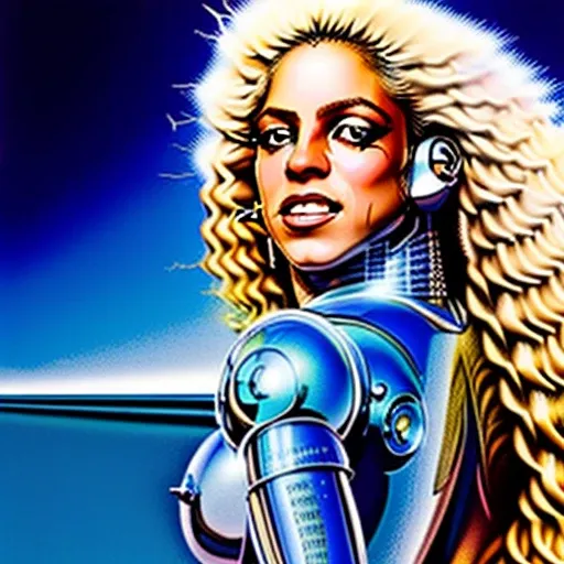 A head and showders illustration of Shakira, 8K Resolution, in (80sfashionRobot: 1.3) style