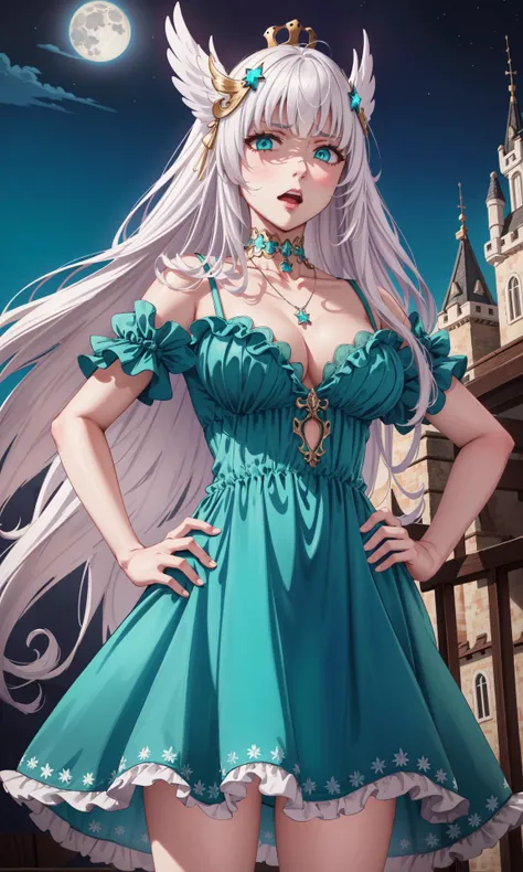 (masterpiece:1.2, best quality:1.1, highres,absurdres, high quality),(photorealistic:1.1),reflected light, colorful,ultra-detailed, ultra hd, super detailed,
Rossweisse,grey hair, aqua eyes, antenna hair, long hair, hair ornament,thick thighs,disgusted face, shaded face, open mouth,dress, mini crown, aqua dress, plunging neckline, necklace, collarbone, castle on background,standing,( from below), looking down, star \(sky\), night sky, night, moon, moonlight, curvy, hand on hip, 
<lora:HighSchoolDxD_Rossweisse:0.6>  <lora:LowRA:0.4>    <lora:disgusted:0.8>