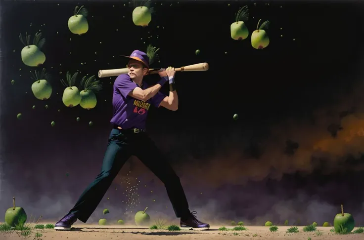 a dynamic action shot of mpfe1ffer with a baseball bat, hundreds of huge pears and limes are falling from the sky, PURPLE shadows cast onto orange ground, in the style of <lora:roger_dean:0.9>