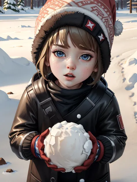 absurdres, 8k, focused lighting, best quality, masterpiece, extremely detailed, highres, ultra-detailed, <lora:LifeStrangeMax:0.8> LifeStrangeMax, AS-YoungerV2, winter clothes, holding a snowball, beanie, mittens
