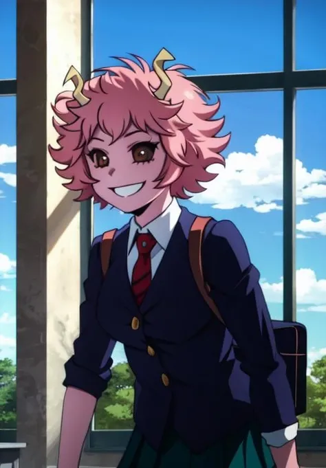 <lora:mina_ashido:0.8>, mina_ashido, School, smile, solo, 1girl,