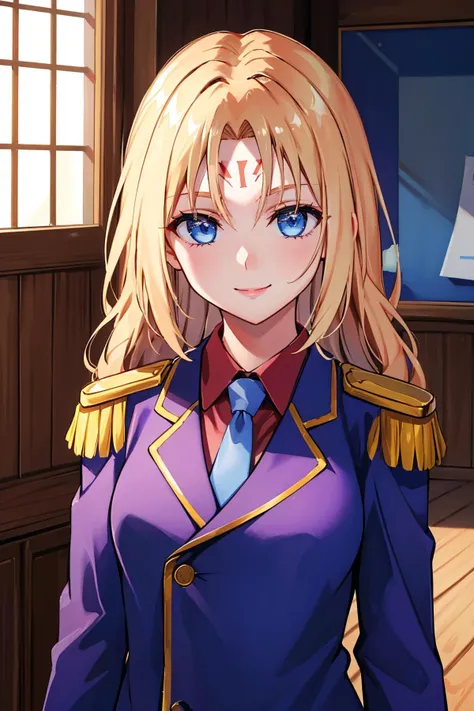 <lora:sephiria-nvwls-v1:0.8> sephiria, blue eyes, epaulettes, purple uniform, forehead mark, necktie
masterpiece, best quality, absurdres, smile, dojo