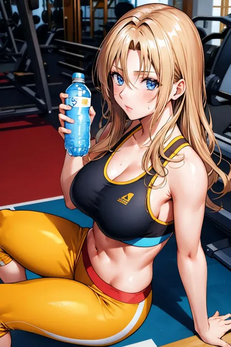 make yellowhaired muscular girl in too tight shorts she's drinking shake at the gym