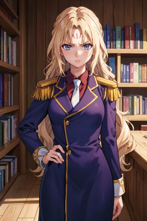 masterpiece, best quality, sephiria, epaulettes, purple uniform, forehead mark, necktie, standing, indoors, wooden building, library, looking at viewer, annoyed, hand at hip, blue eyes <lora:sephiria-nvwls-v1-000009:0.9>