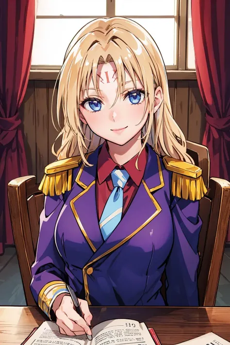 masterpiece, best quality, sephiria, blue eyes, epaulettes, purple uniform, forehead mark, necktie, upper body, large breasts, indoors, curtains, looking at viewer, sitting, wooden chair, long table, smile <lora:sephiria-nvwls-v1-000009:0.9>