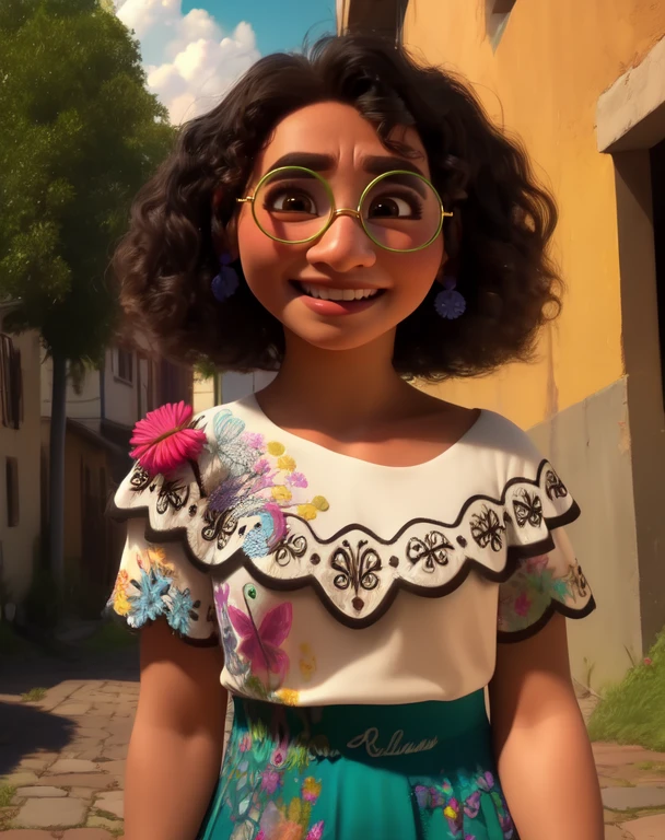 Mirabel,brown eyes,brown hair,
earrings,green round glasses,white shirt,floral print,skirt,
smile,
standing,upper body,
outdoors,small houses,
(insanely detailed, beautiful detailed face, masterpiece, best quality) cinematic lighting,<lora:Mirabel:0.8>,