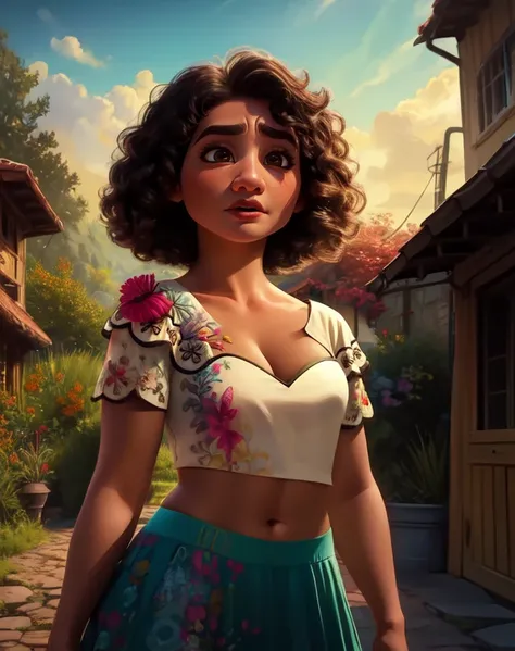 Mirabel,brown eyes,brown hair,smile,
white shirt,floral print,skirt,skin tight,hips,
cleavage,midriff,navel,
outdoors,small houses,
(insanely detailed, beautiful detailed face, masterpiece, best quality) cinematic lighting,<lora:Mirabel:0.7>,