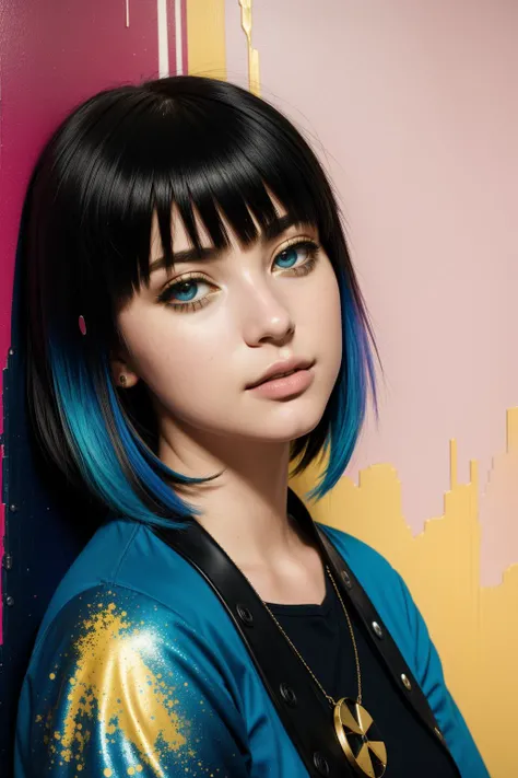 1girl, Hans Hofmann, Shin Hanga, Peter Lippmann, Sots Art, Lawrence Alma-Tadema, Neoclassicism, dripping Blue and deep yellow, David Chipperfield, Health Goth Art, triadic colors, Jessie Willcox Smith, Pointillism, dark indigo paint splotches, ([Tbilisi:Saint George's:3]:1.3) in the distance there is a Barn, it is very Complex and Rugged, Luc Besson, American Expressionism, August Friedrich Schenck, Darkpunk, Alyssa Monks, Minecraft, [Frost:Water:6] and Mauve neon hue, Karl Kopinski, Cryptidcore