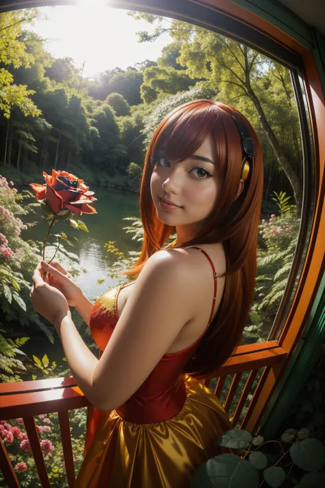 1girl, colorful Cosplay Photograph, Golden ratio, selfie shot angle of a Mecha Modular ([pokemon style Orangutan|Roses]:1.3) , behance, from inside of a Delightful Grenada, lush jungle with Ivy, at Golden hour, Wide view, Cosy, Printcore, moody lighting, double exposure, Kodak portra 800, Fish-eye Lens, deep green color grading, intricate details, Crimson background, Pixabay, pixiv