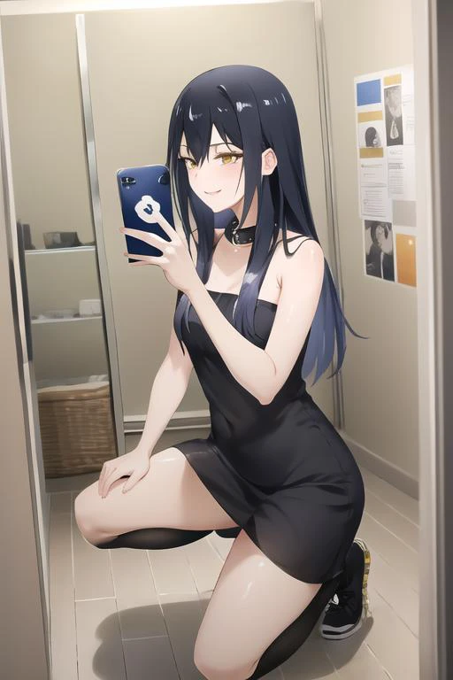 masterpiece, 
BREAK best quality, highres, 
BREAK kneeling, selfie,
BREAK evil smile,
BREAK <lora:miko:0.8> miko, 
BREAK long hair, yellow eyes, black hair, 
BREAK strapless dress, 
BREAK [black sleeveless dress::8],
BREAK [bandeau::10],
BREAK [pencil skirt::8], 
BREAK black collar