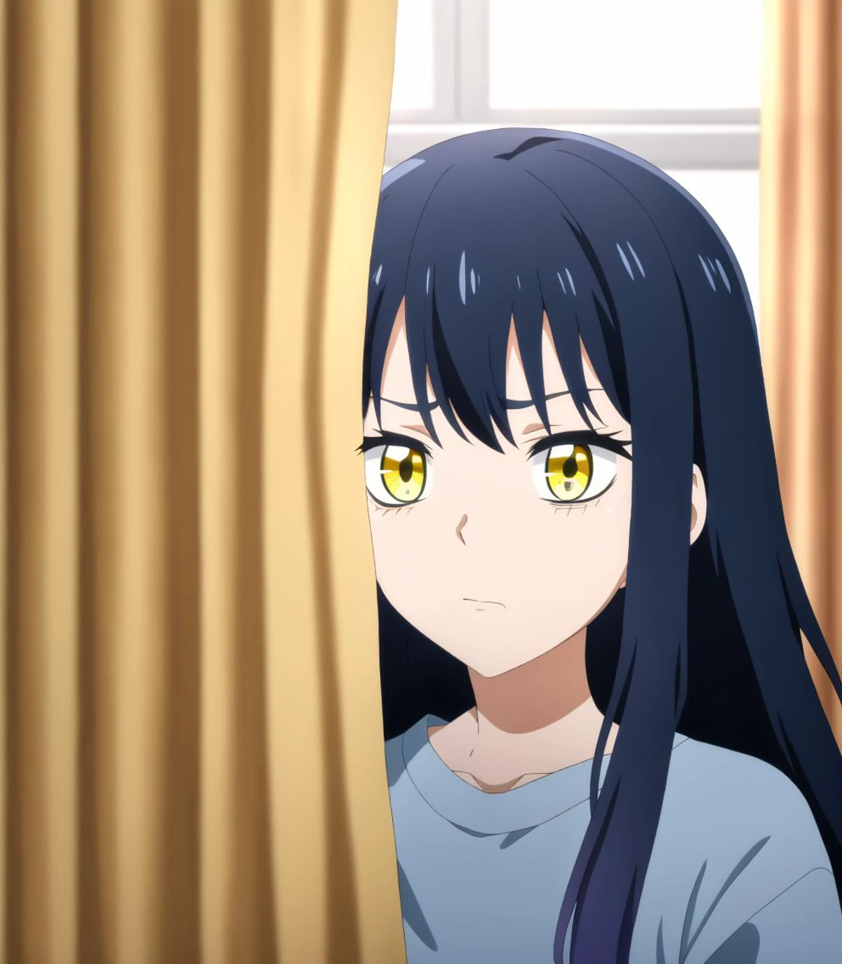 masterpiece, best quality,
<lora:MikoV1.4-000010:0.7> MIKO, YELLOW EYES, LONG HAIR, BLACK HAIR, BLUE HAIR, MULTICOLORED HAIR, SIDELOCKS, BANGS,
(scared), worried,
pjyamas,
hiding behind curtains,
bedroom,