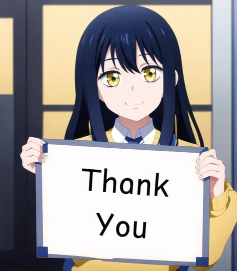 masterpiece, best quality,
<lora:MikoV1.4-000010:0.7> MIKO, YELLOW EYES, LONG HAIR, BLACK HAIR, BLUE HAIR, MULTICOLORED HAIR, SIDELOCKS, BANGS,
school uniform, yellow sweater,
blue necktie,
happy smile,
holding sign