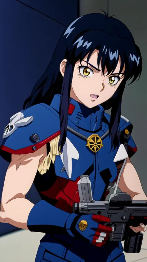 <lora:MikoV1.4-000010:0.7> MIKO, YELLOW EYES, LONG HAIR, BLACK HAIR, BLUE HAIR, MULTICOLORED HAIR, SIDELOCKS, BANGS
 <lora:edgWar40KAdeptaSororitas:0.7> EDGADEPTA ,WEARING EDGADEPTA,POWER ARMOR,SHOULDER ARMOR,SKULL EMBLEM
holding boltgun,  
<lora:evangelion_anime_style_offset:0.8> EVANGELION ANIME STYLE, anime screencap, 1990s_\(style\)