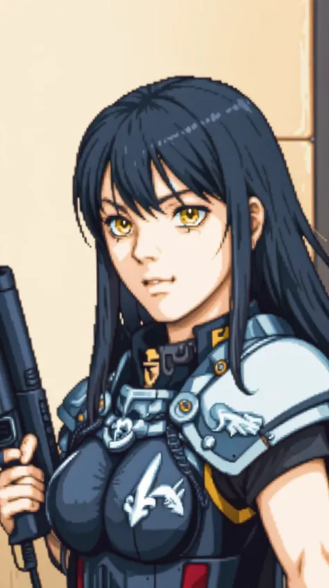<lora:MikoV1.4-000010:0.7> MIKO, YELLOW EYES, LONG HAIR, BLACK HAIR, BLUE HAIR, MULTICOLORED HAIR, SIDELOCKS, BANGS
<lora:edgWar40KAdeptaSororitas:0.7> EDGADEPTA ,WEARING EDGADEPTA,POWER ARMOR,SHOULDER ARMOR,SKULL EMBLEM
holding boltgun,
<lora:gbaportrait:0.7> gbaportrait