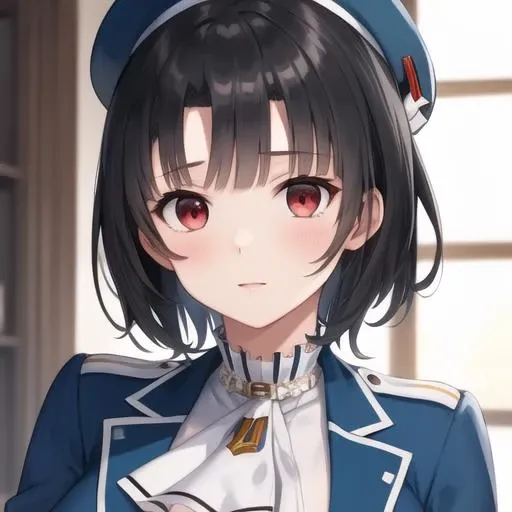 (masterpiece, best quality:1.2),illustration,8k,hd,1girl,solo,upper body,(portrait:1.2),takao \(kancolle\),black hair,red eyes,short hair,large breasts,long sleeves,hat,black gloves,black thighhighs,miniskirt,blue skirt,military uniform,beret,garter straps,blue jacket,blue headwear,pencil skirt,<lora:Takao(kan)>,