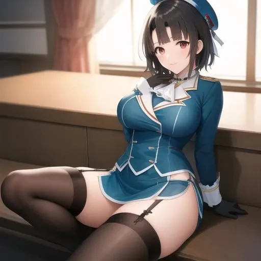 (masterpiece, best quality:1.2),illustration,8k,hd,1girl,solo,takao \(kancolle\),black hair,red eyes,short hair,large breasts,long sleeves,hat,black gloves,black thighhighs,miniskirt,blue skirt,military uniform,beret,garter straps,blue jacket,blue headwear,pencil skirt,<lora:Takao(kan)>,
