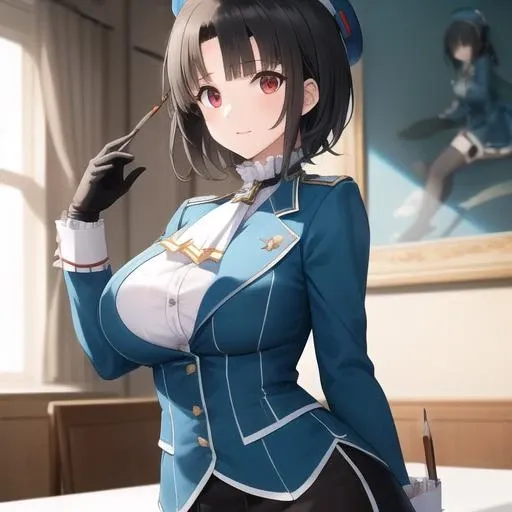 (masterpiece, best quality:1.2), illustration, 8k, hd, 1girl, solo, takao \(kancolle\), black hair, red eyes, short hair, large breasts, long sleeves, hat, black gloves, black thighhighs, miniskirt, blue skirt, military uniform, beret, garter straps, blue jacket, blue headwear, pencil skirt, <lora:Takao(kan)>