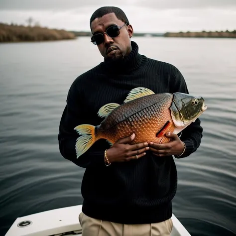 <lora:KanyeWestDogu:1> photo of kys man, wearing a (black turtleneck sweater:1.15), (hugging a huge fish:1.3)