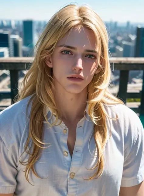 (8k, RAW photo, best quality, masterpiece:1), (realistic, photo-realistic:1), ultra-detailed, (high detailed skin:1), 8k uhd, dslr, soft lighting, high quality, film grain, blondboy, men person, low camera, chin up, long hair, looks into viewer, cityscape background <lora:PrettyBoy:0.1> <lora:BLONDBOY:1>