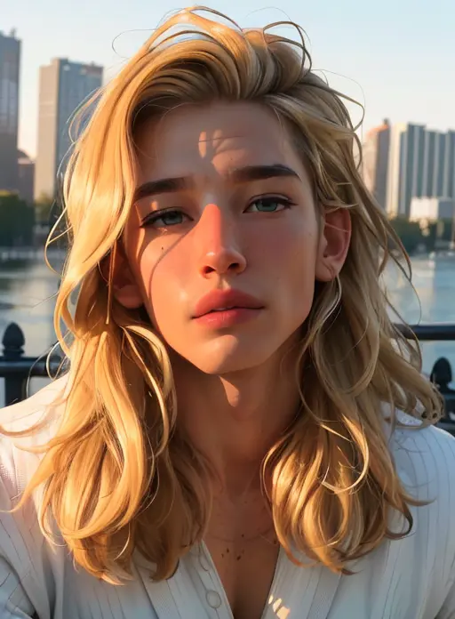 (8k, RAW photo, best quality, masterpiece:1), (realistic, photo-realistic:1), ultra-detailed, (high detailed skin:1), 8k uhd, dslr, soft lighting, high quality, film grain, blondboy, brutal men person, bottom view, low camera, chin up, long hair, looks into viewer, cityscape background <lora:PrettyBoy:0.1> <lora:BLONDBOY:1> <lora:samdoesartsSamYang_offsetRightFilesize:1>