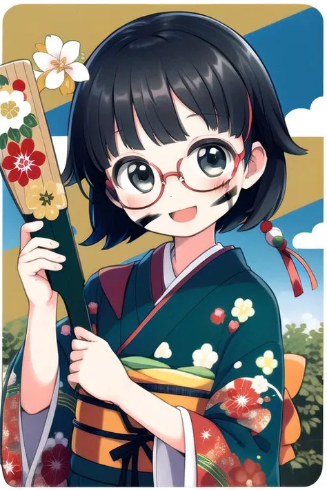 masterpiece, best quality,1girl,ultra detail,outdoor,kimono,hagoita,hanetsuki,shuttlecock,wide sleeves ,smile,open mouth,HNTK<lora:battledore_and_shuttlecock_v1:0.6>paddle, obi, new year,black hair,looking at viewer,glasses,face paints