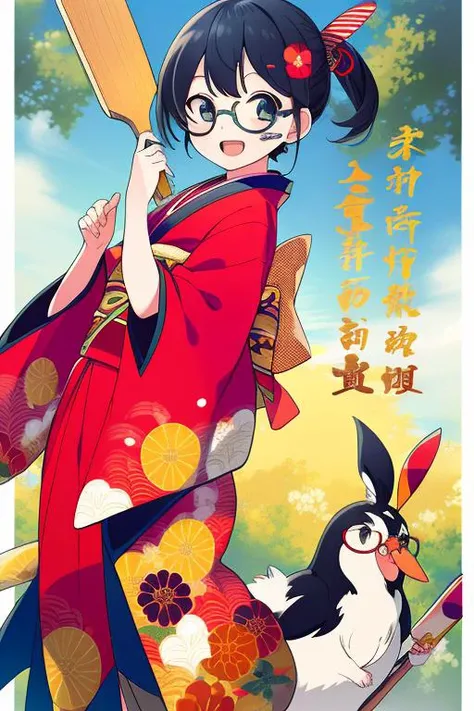 masterpiece, best quality,1girl,ultra detail,outdoor,kimono,hagoita,hanetsuki,shuttlecock,wide sleeves ,smile,open mouth,HNTK<lora:battledore_and_shuttlecock_v1:0.6>paddle, obi, new year,black hair,looking at viewer,glasses,face paints