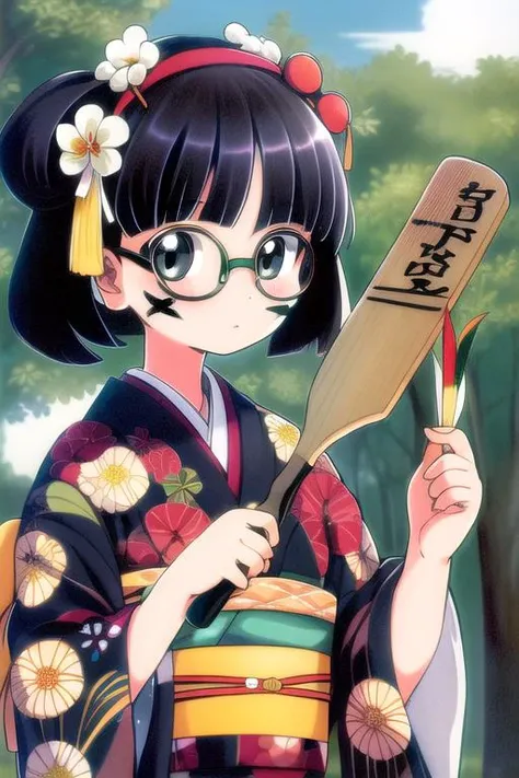masterpiece, best quality,1girl,ultra detail,outdoor,kimono,hagoita,hanetsuki,shuttlecock,wide sleeves ,HNTK<lora:battledore_and_shuttlecock_v1:0.7>paddle, obi, new year, hanetsuki, hagoita, black hair,looking at viewer,glasses,face paints