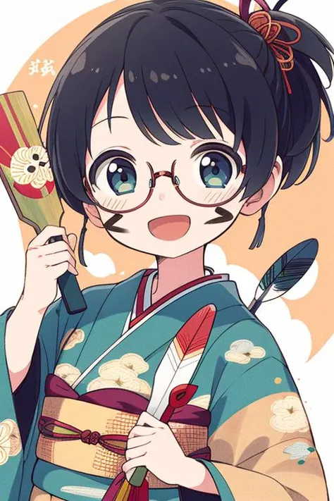 masterpiece, best quality,1girl,ultra detail,outdoor,kimono,hagoita,hanetsuki,shuttlecock,wide sleeves ,smile,open mouth,HNTK<lora:battledore_and_shuttlecock_v1:0.6>paddle, obi, new year,black hair,looking at viewer,glasses,face paints