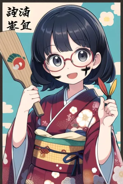 masterpiece, best quality,1girl,ultra detail,outdoor,kimono,hagoita,hanetsuki,shuttlecock,wide sleeves ,smile,open mouth,HNTK<lora:battledore_and_shuttlecock_v1:0.6>paddle, obi, new year,black hair,looking at viewer,glasses,face paints