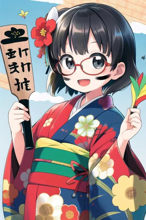 masterpiece, best quality,1girl,ultra detail,outdoor,kimono,hagoita,hanetsuki,shuttlecock,wide sleeves ,smile,open mouth,HNTK<lora:battledore_and_shuttlecock_v1:0.6>paddle, obi, new year,black hair,looking at viewer,glasses,face paints