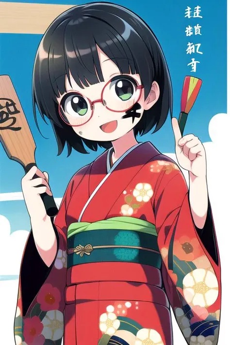 masterpiece, best quality,1girl,ultra detail,outdoor,kimono,hagoita,hanetsuki,shuttlecock,wide sleeves ,smile,open mouth,HNTK<lora:battledore_and_shuttlecock_v1:0.6>paddle, obi, new year,black hair,looking at viewer,glasses,face paints