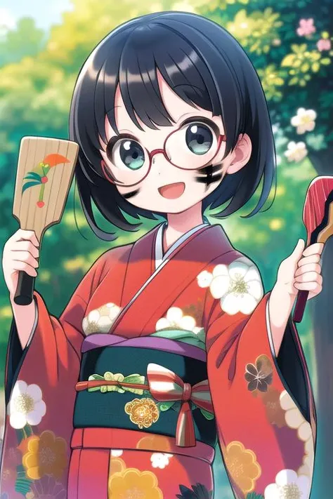 masterpiece, best quality,1girl,ultra detail,outdoor,kimono,hagoita,hanetsuki,shuttlecock,wide sleeves ,smile,open mouth,HNTK<lora:battledore_and_shuttlecock_v1:0.6>paddle, obi, new year,black hair,looking at viewer,glasses,face paints