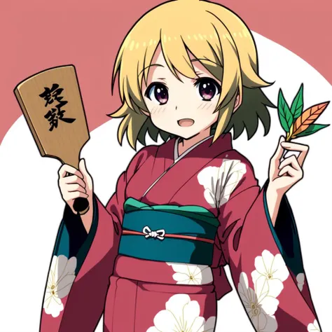 <lora:battledore_and_shuttlecock_v1:0.5>,1girl, looking at viewer, long sleeves, paddle, wide sleeves, kimono, obi, new year, kimono, HNTK, shuttlecock, hanetsuki, hagoita