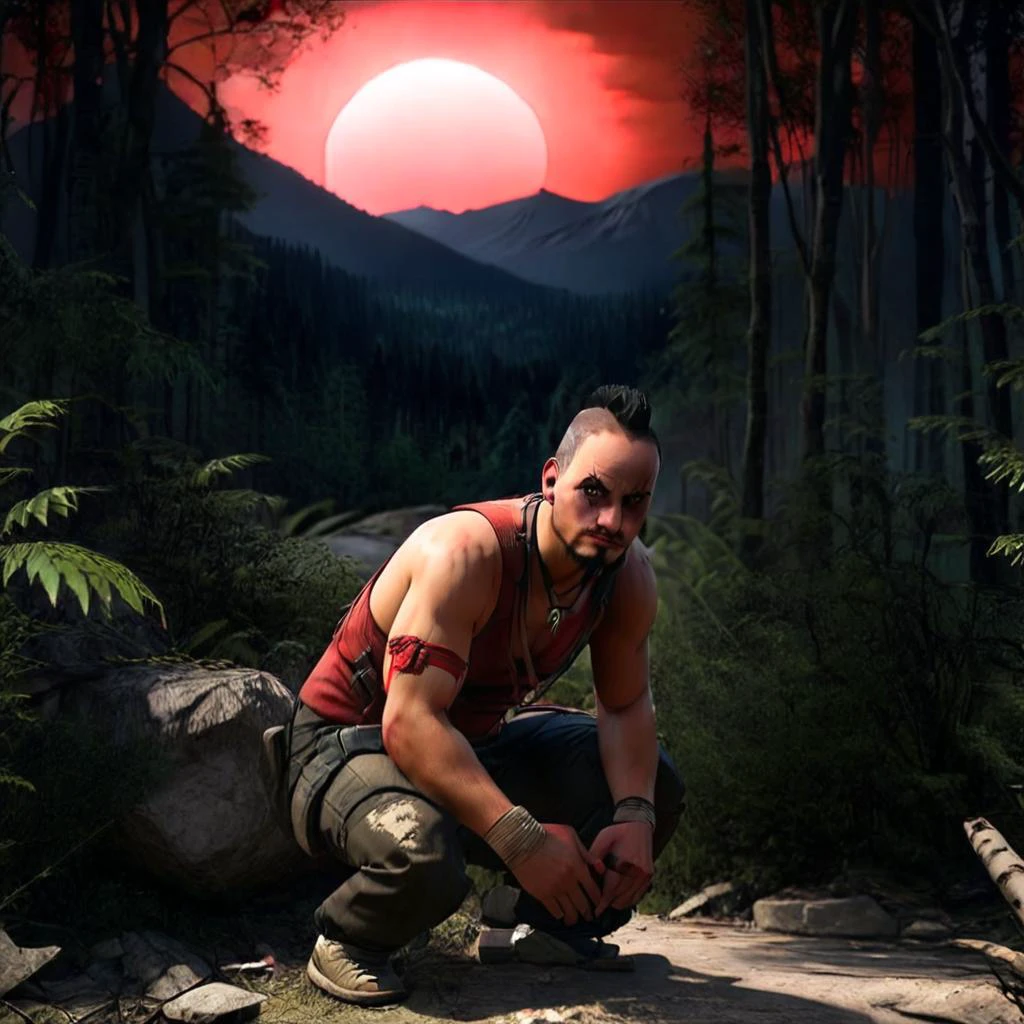 masterpiece,8k,absurd resolution, <lora:farcry_xl:0.8>,farcry,
farcry,vaash,, 1boy, solo, male focus, black hair,jewelry, squatting, outdoors, bandages, pants, realistic, sleeveless, facial hair ,
NightScapes,red theme,forest,bare trees,red sky,eclipse , <lora:NightScapes_XL14:0.4>