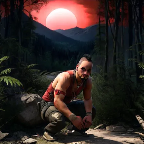 masterpiece,8k,absurd resolution, <lora:farcry_xl:0.8>,farcry,
farcry,vaash,, 1boy, solo, male focus, black hair,jewelry, squatting, outdoors, bandages, pants, realistic, sleeveless, facial hair ,
NightScapes,red theme,forest,bare trees,red sky,eclipse , <lora:NightScapes_XL14:0.4>