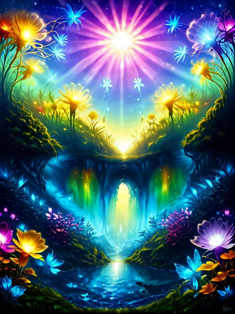 ultra realistic highly very detailed fantasy meadow, trees, grass, very realistic highly very detailed sea of colorful flowers ultra very realistic extremely highly detailed (crystal clear lake:1.4),sharp focus, ultra realistic extremely detailed (colorful butterflies:1.4), ultra realistic extremely very detailed (scenery:0.8), ultra-detailed, (by exquisite colors block),masterpiece,best quality,unreal engine 5 rendering, movie light,movie lens,movie special effects,detailed details,HDR,UHD,32K,CG wallpaper,intricate details (colorful particles:0.2) (colorful flowers:1.6), cinematic angle, magical look, fantasy setting, soft ray of light, glitter background, <lora:add-detail-xl:1.8> , cinematic light, digital painting, hyper realistic, photo realistic, high quality textures, vivid colors, <lora:NightScapes_XL:1> NightScapes <lora:ral-fntsyrlms-sdxl:0.8>ral-fntsyrlms<lora:sdxl_lightning_8step_lora:1>