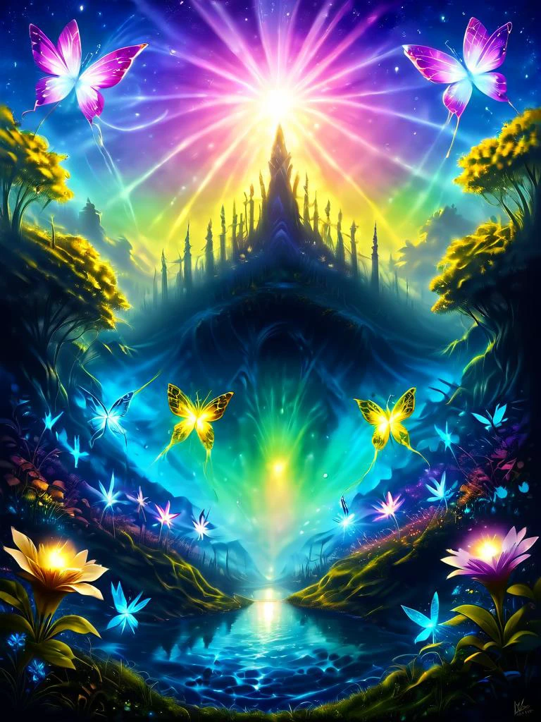 ultra realistic highly very detailed fantasy meadow, trees, grass, very realistic highly very detailed sea of colorful flowers ultra very realistic extremely highly detailed (crystal clear lake:1.4),sharp focus, ultra realistic extremely detailed (colorful butterflies:1.4), ultra realistic extremely very detailed (scenery:0.8), ultra-detailed, (by exquisite colors block),masterpiece,best quality,unreal engine 5 rendering, movie light,movie lens,movie special effects,detailed details,HDR,UHD,32K,CG wallpaper,intricate details (colorful particles:0.2) (colorful flowers:1.6), cinematic angle, magical look, fantasy setting, soft ray of light, glitter background, <lora:add-detail-xl:1.5> , cinematic light, digital painting, hyper realistic, photo realistic, high quality textures, vivid colors, <lora:NightScapes_XL:1> NightScapes <lora:ral-fntsyrlms-sdxl:0.8>ral-fntsyrlms<lora:sdxl_lightning_8step_lora:1>