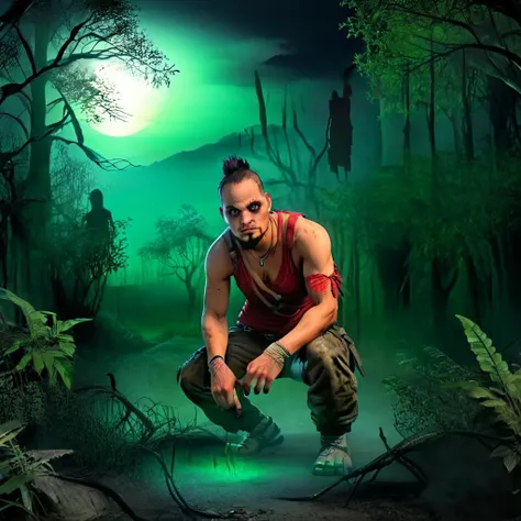 masterpiece,8k,absurd resolution, <lora:farcry_xl:0.8>,farcry,
farcry,vaash,, 1boy, solo, male focus, black hair,jewelry, squatting, outdoors, bandages, pants, realistic, sleeveless, facial hair ,NightScapes,3am,creatures,trees,bare tree,night,dark,fog,,horror (theme),green theme,standing,outdoors,creatures behind trees,scary,shades,red sky,red moon , <lora:NightScapes_XL14:0.6>