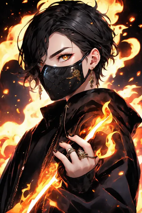 <lora:Henshin-000008:0.2>,
Henshin, solo, looking_at_viewer, short_hair, shirt, black_hair, 1girl, jewelry, jacket, yellow_eyes, upper_body, male_focus, earrings, hand_up, nail_polish, orange_eyes, black_shirt, mask, glowing, ring, fire, black_background, black_nails, one_eye_covered, multiple_rings, ultra realistic,32k,RAW photo,(high detailed skin:1.2), 8k uhd, dslr, soft lighting, high quality, film grain