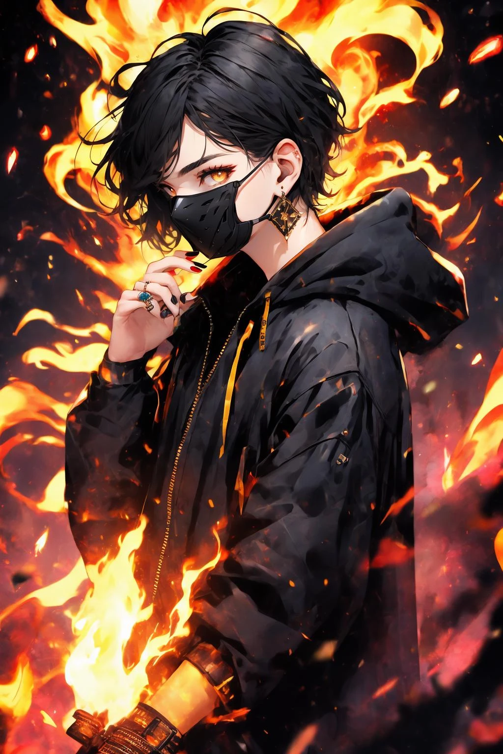 <lora:Henshin-000008:0.2>,
Henshin, solo, looking_at_viewer, short_hair, shirt, black_hair, 1girl, jewelry, jacket, yellow_eyes, upper_body, male_focus, earrings, hand_up, nail_polish, orange_eyes, black_shirt, mask, glowing, ring, fire, black_background, black_nails, one_eye_covered, multiple_rings, ultra realistic,32k,RAW photo,(high detailed skin:1.2), 8k uhd, dslr, soft lighting, high quality, film grain